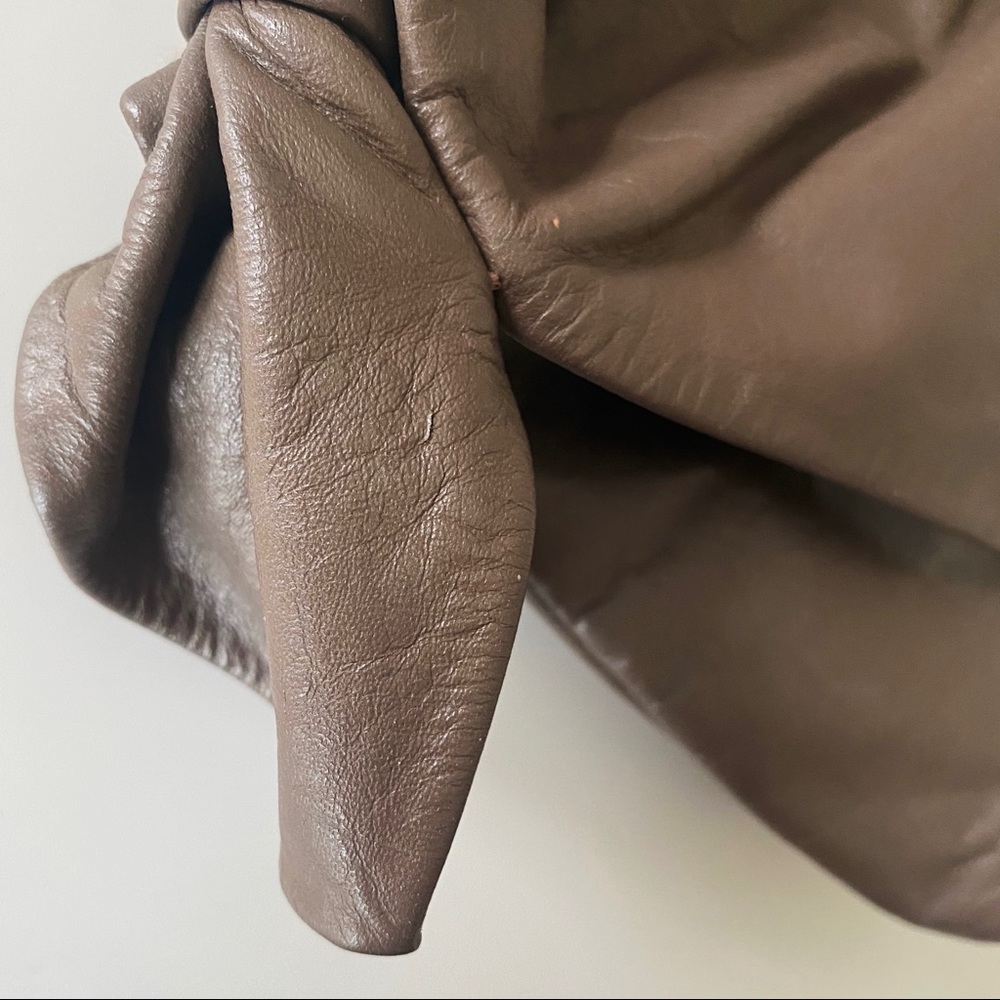taupe brown leather foldover clutch - pleated knot bow detail handbag - Picture 8 of 8
